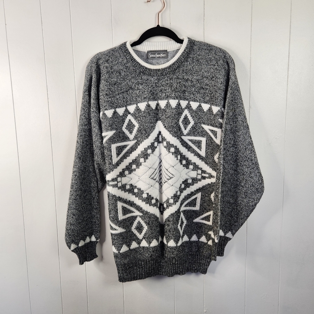 Vintage 90s Gray Knit Grandpa Sweater Mens Preppy Oversized Eclectic Size Large - Picture 2 of 10